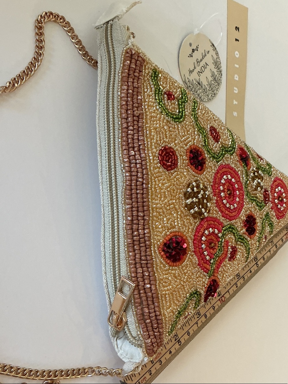 * NWT Hand Beaded Pizza Slice Crossbody Bag with Gold Chain Strap (#2) - Picture 4 of 6